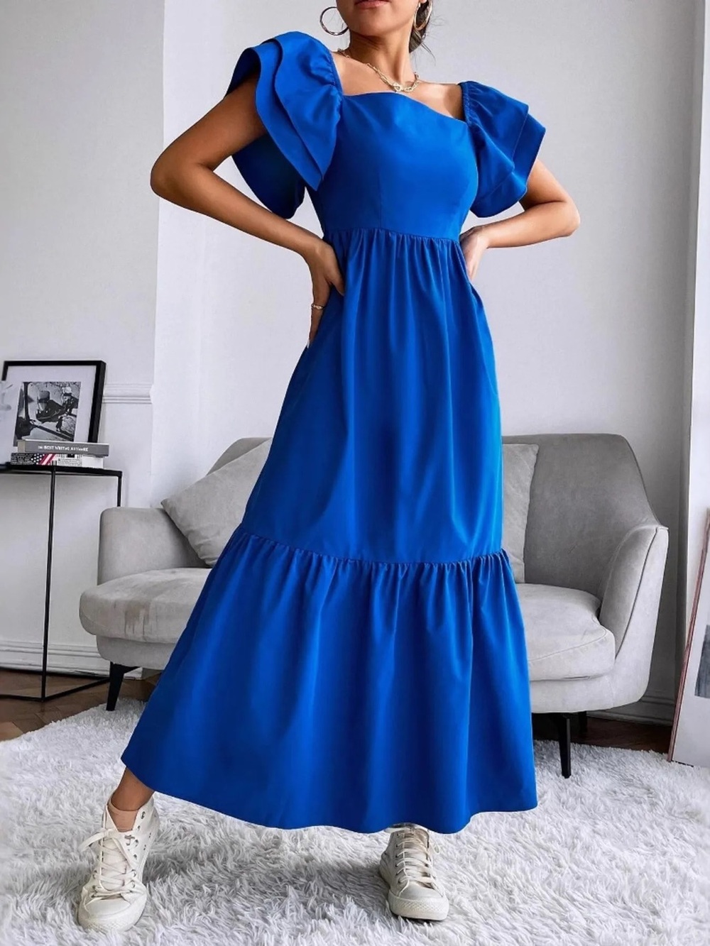 Blue Ruffle Sleeve Maxi Dress - Elegant Women’s Dress